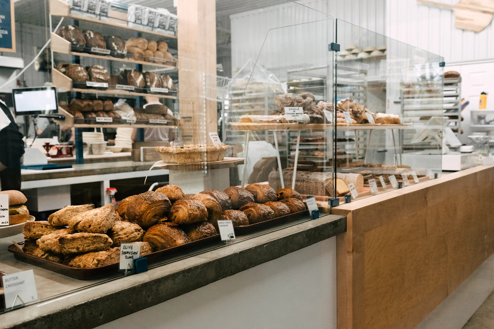 The bakery counter full of bread