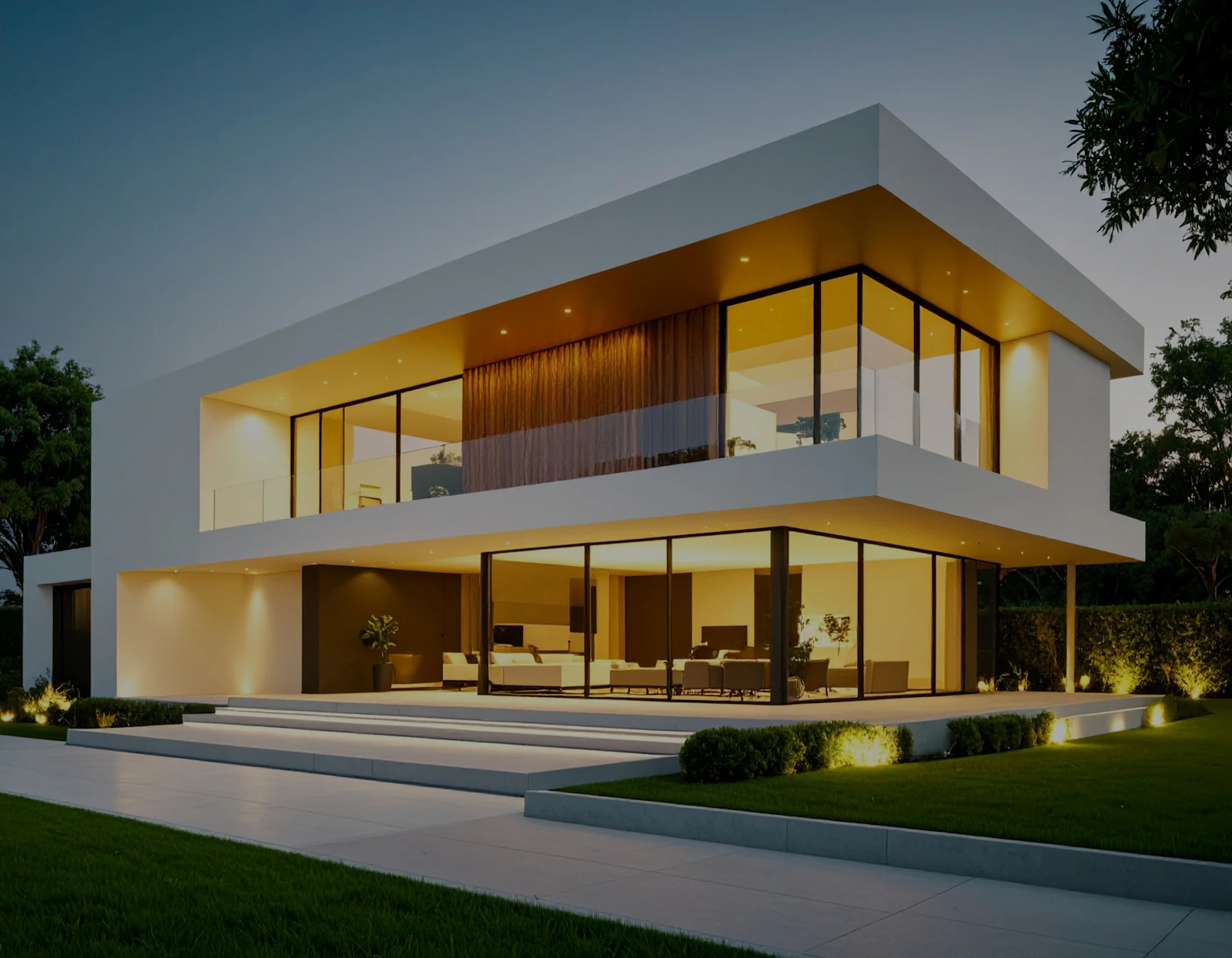A modern house glowing with warm light at dusk